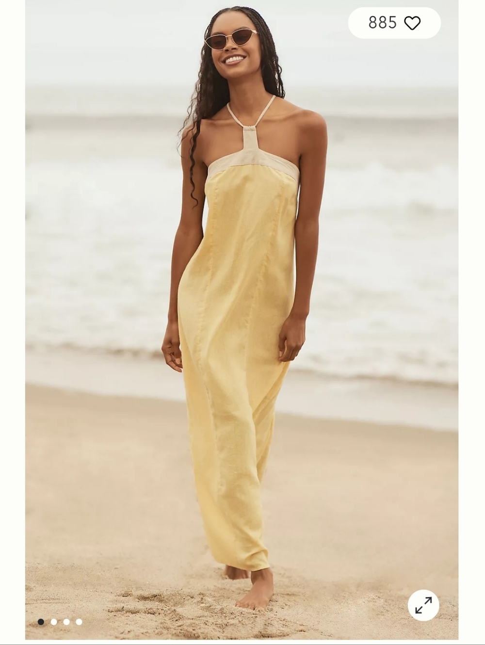 Anthropologie Pale Yellow Halter Maxi Dress with Cream Trim
